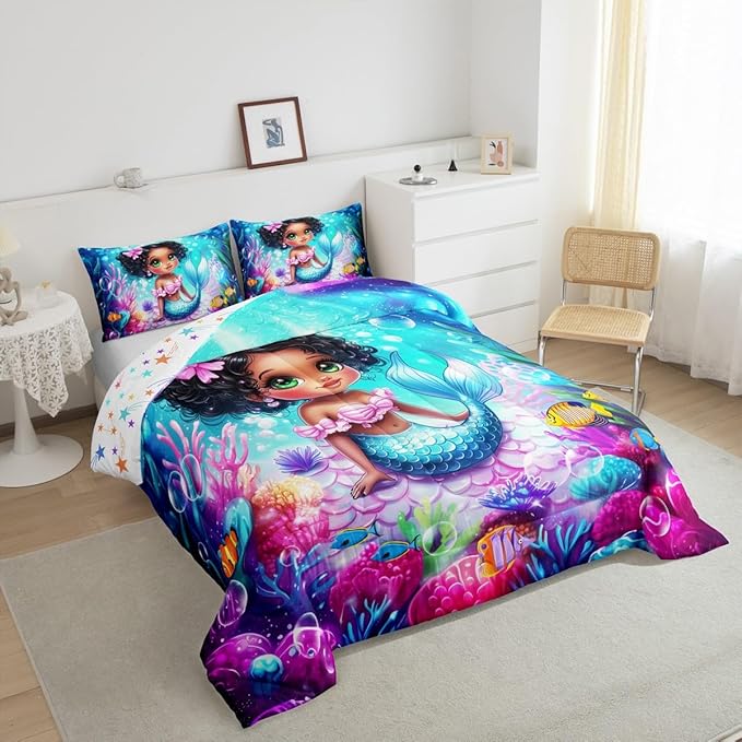 Cute Mermaid Comforter Set Queen Size,Reversible Cute Girl Fish Scale Print Black Bedding Set for Women Adult,African Style Cartoon Fairy Tale Theme Luxury Bed Duvet Insert, 2 Pillowcases