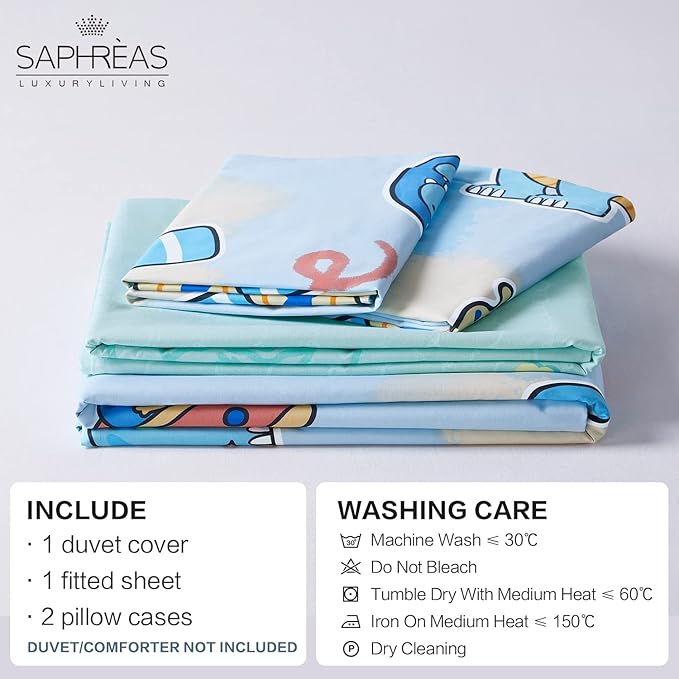 SAPHREAS Cartoon Dinosaur Kids Duvet Cover Set Queen Size 4pcs with Fitted Sheet 100% Cotton Children Bedding Comforter Cover Set, Comforter Not Included