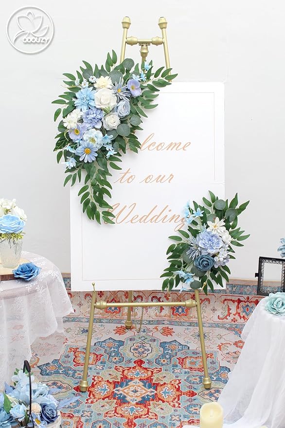 Pack of 2 Wedding Arch Decorations Artificial Hanging Flowers Floral Swag for Wedding Welcome Sign Backdrop Balloon Arch Home Party Bridal Ceremony Reusable(Blue)