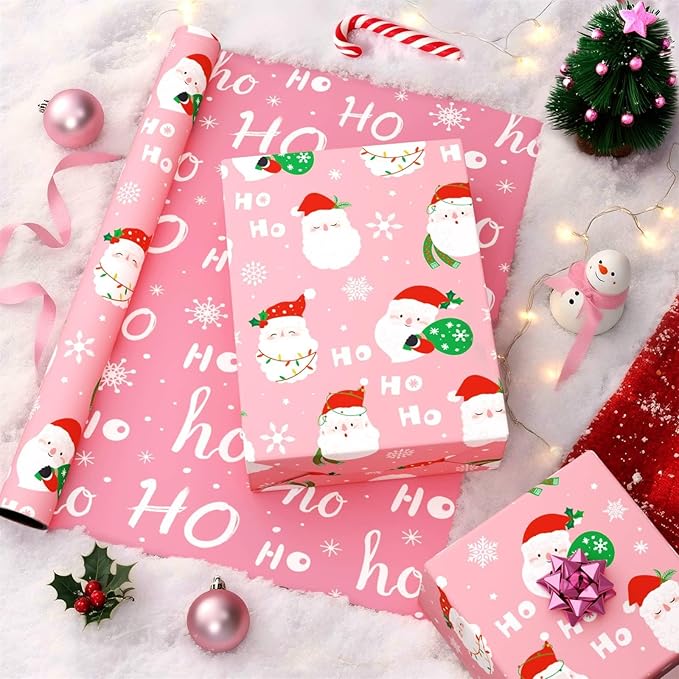 WERNNSAI Santa Christmas Wrapping Paper - 1 Roll 17”x 33 Ft Pink Santa Claus Wrapping Paper Reversible Christmas Gift Wrap for Kids Girls Xmas Winter Holiday Present Decoration with HOHO Design