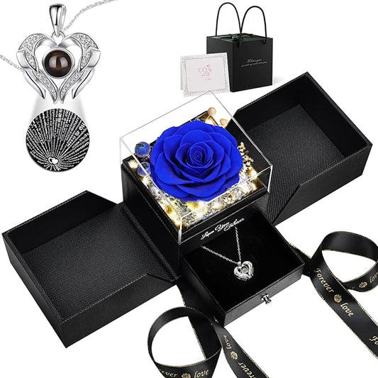 FIACO Gifts for Women Preserved Real Roses with I Love You Necklace Fresh Forever Flowers Birthday Gifts for Mom Grandma Wife Girlfriend on Anniversary Christmas Valentines Romantic Gift