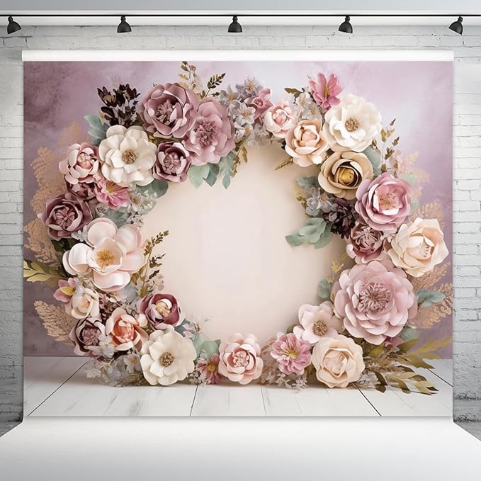 6x4ft Wedding Backdrop Purple Pink Floral Theme Photography Background White Flower Garland Green Leaves Bridal Shower Banner Decorations Girls Birthday Party Baby Portrait Photo Booth Prop