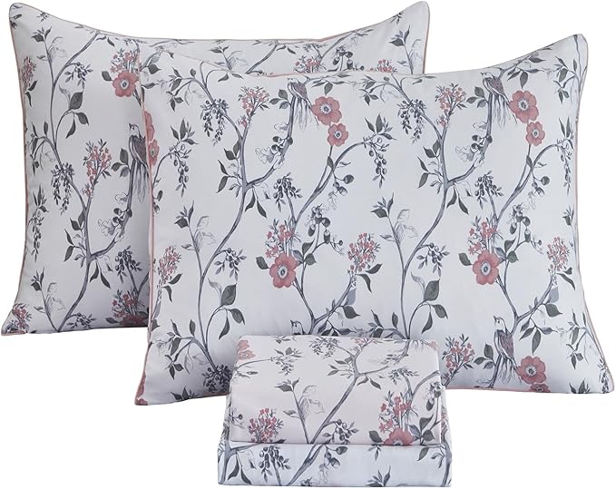FADFAY Sheets Set Twin XL Rustic Bird Floral College Bedding Vintage Botanical Dorm Sheets Shabby Branches Bedding 100% Egyptian Cotton Soft Sets with Deep Pocket Fitted Sheet 4Pcs, Twin XL Size