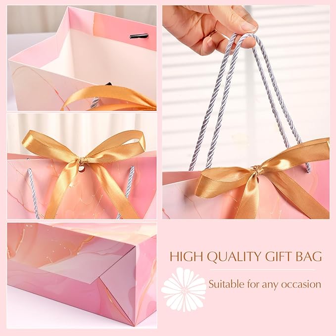 MAMUNU Pink Gift Bags, 2PCS 13” Large Gift Bags with Tissue Paper and Greeting Cards, Gift Bag with Handles Bow for Women Girls, Pink Gift Bags for Birthday Wedding Bridal Baby Shower Anniversaries