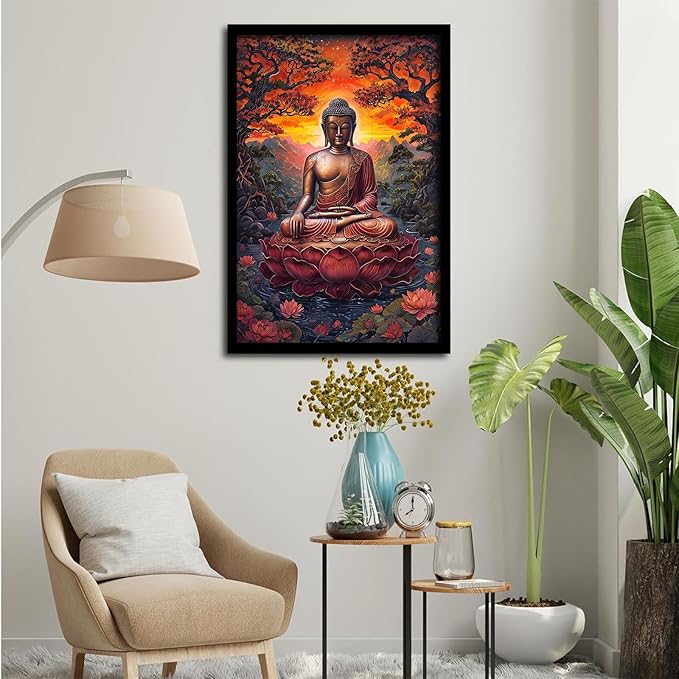 Golden Buddha on lotus seat serene meditation statue amidst lush trees flowing water and sunrise light spiritual home art for a tranquil decor 20x30in Metal blackFramed