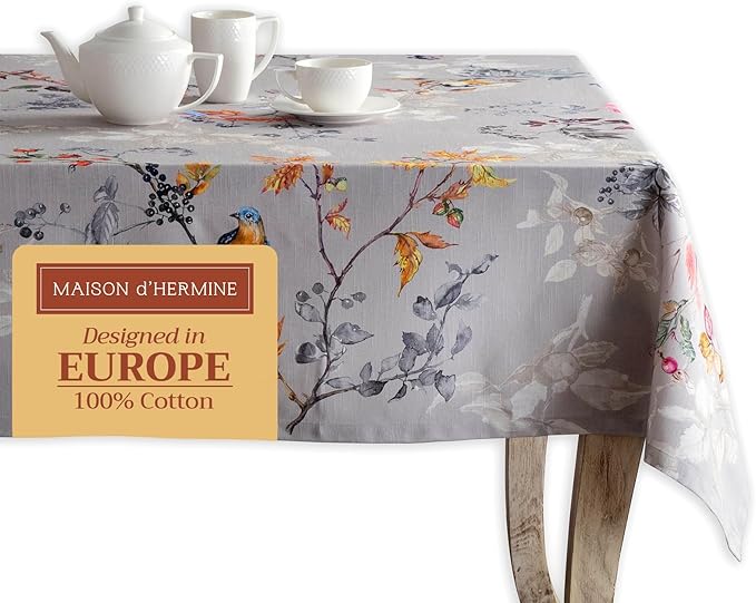 Maison d' Hermine Table Cloth Rectangle Table 100% Cotton 70 x 90 Inches Fall Tablecloth Reusable Everyday Use for Thanksgiving Christmas Decorations Dining Farmhouse Party (Equinoxe - Grey)
