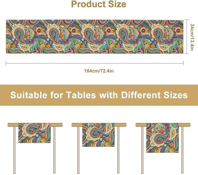 Boho Paisley Table Runner, Colorful Indian Mandala Floral Golden Aeccent Bohemian Style Table Runnner for Kitchen Dining Holiday Party Decoration, 13x70 Inch