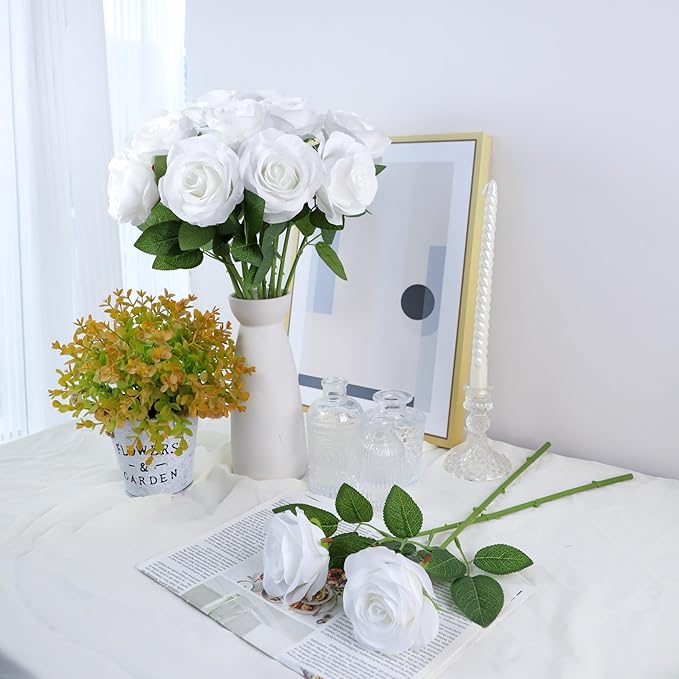 12pcs Roses Artificial Flowers White Silk Roses with Long Stems Fake Flowers for Wedding Bouquet Centerpices Decorations Party Bridal Baby Shower Home Decor