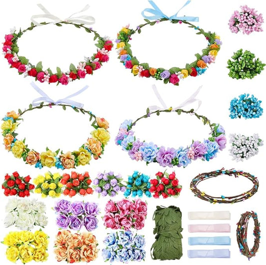 INFUNLY 30 Set DIY Artificial Flower Wreath 6-Color Rose Wedding Crowns Making Kit Berries Branches Hanging Floral Wreath for Front Door Make Your Own Flower Headbands Bracelets Kit for Women Girl