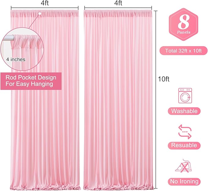 Pink Backdrop Curtains-Wrinkle-Free Polyester Photography Drapes Party Curtain Background for Baby Shower Wedding Decorations- 32 X10FT (Pink)
