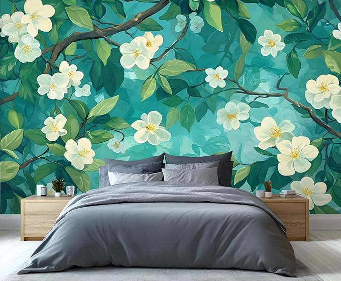 Jasmine Blossom Wall Mural, Elegant Floral Landscape 3D Wall Murals, Nature Turquoise Botanical Wallpaper Mural, for Living Room Bedroom Large Wallpaper Indoor Decor 177.16" W x120 H