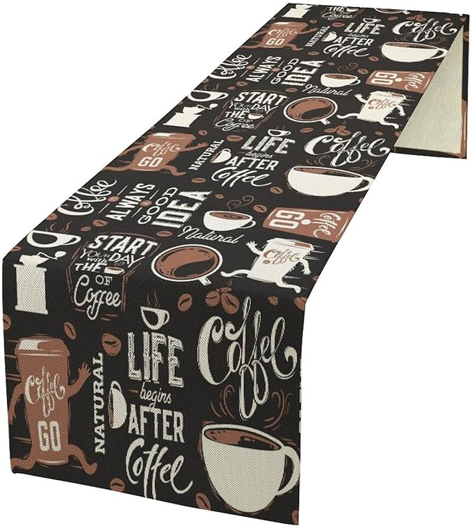 Coffee Theme Table Runner Coffee Time Retro Black Dress Scarves Farmhouse Dinner Runner for Kitchen Dining Coffee Table Decoration Cabin Home Holiday Party 13x36in