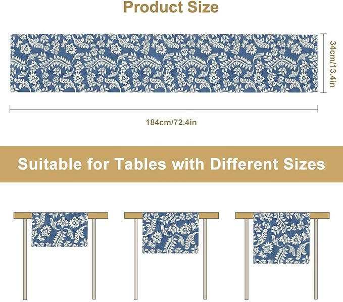 Vintage Floral Table Runner, Rustic Blue White Paisley Flower Boho Farmhouse Decor Table Runner for Kitchen Dining Home Party Decor, 13x70 Inch