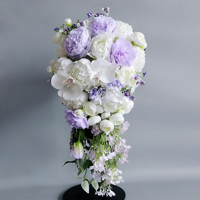 Cascading Bouquets for Bride, White and Purple Water Drop Waterfall Artificial Flowers Roses Bridal Bouquet for Wedding Ceremony Anniversary Party Bridal Shower Decoration