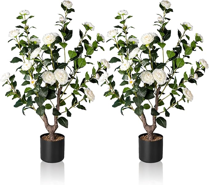 Artificial Camellia Tree,2Pack 3FT Faux White Camellia Plants in Pots,Lifelike Artificial Flower Trees for Indoor Outdoor Home Decor,Realistic Blooming Faux Plants for Bedroom Porch Patio Office