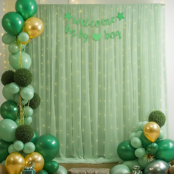 20x8ft Olive Green Tulle Backdrop Curtain with Lights String for Parites, Sheer Backdrop Curtains for Wedding Baby Shower Birthday Party Photo Shoot Decorations