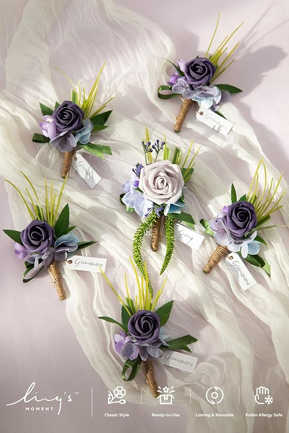 Ling's moment Boutonniere for Men, 6pcs Groom Groomsmen Boutonniere, Artificial Flowers for Wedding Decor/Prom/Homecoming, etc.Purple