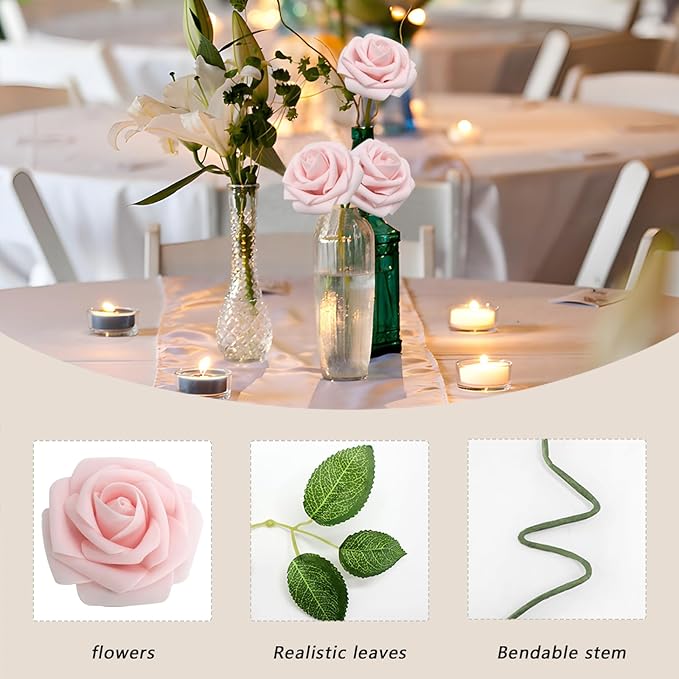 Artificial Flowers Blush Roses 100PCS Real Looking Foam Fake Roses with Leaves and for DIY Wedding Bouquets Bridal Shower Centerpieces Party Decorations (Light Pink, 100)