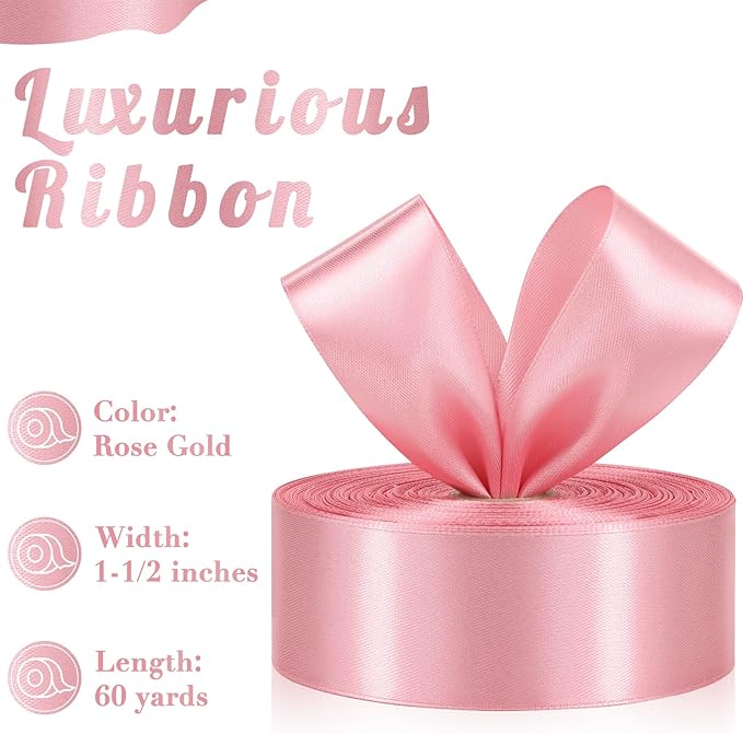 Rose Gold Ribbon 1-1/2 Inch, 60 Yards Rose Gold Satin Ribbon for Eternal Flower Gift Wrapping Flower Bouquet Hair Accessories Crafts Wedding Christmas