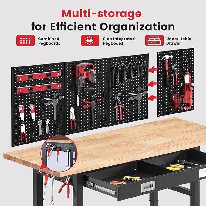 Work Bench with Drawers Adjustable Workbenches for Garage 60 Inch Rubber Wood Top Garage Workbench with Pegboard,Power Outlets for Woodworking, Home, Office, Workshop