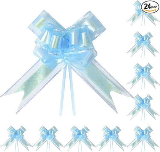 24PCS Sky Blue Pull Bows for Gift Wrapping, 6" Large Pre-Tied Decorative Bows for Christmas, Wedding, Birthday, Party Decorations, Reusable Instant Floral Decors for Gifts, Bouquets, Baskets