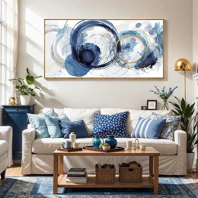 Wall Art Abstract Art Paintings Blue Fantasy Colorful Graffiti on White Background Modern Artwork wall Decor for Living Room Bedroom Kitchen 24"x48" with Framed