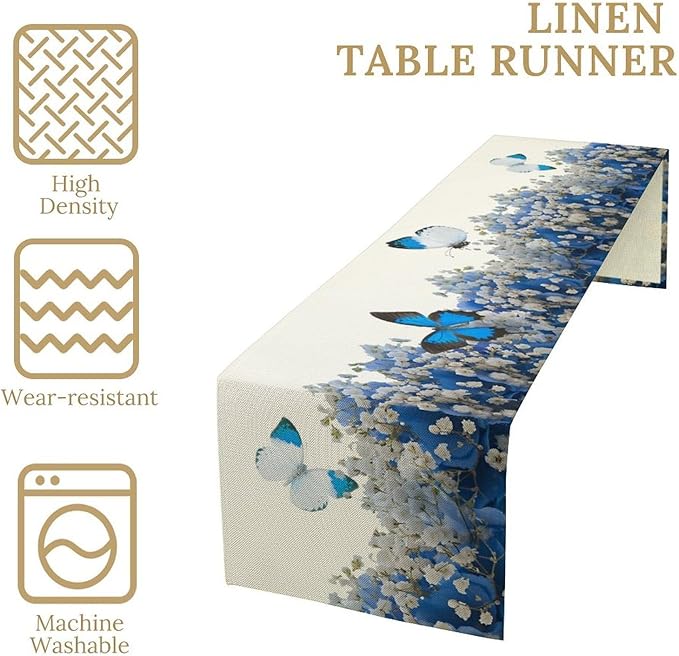 Butterfly Floral Table Runner, Blue White Hydrangea Flowers Bloom Spring Garden Theme Table Runner for Kitchen Dining Holiday Party Wedding, 13x108 Inch