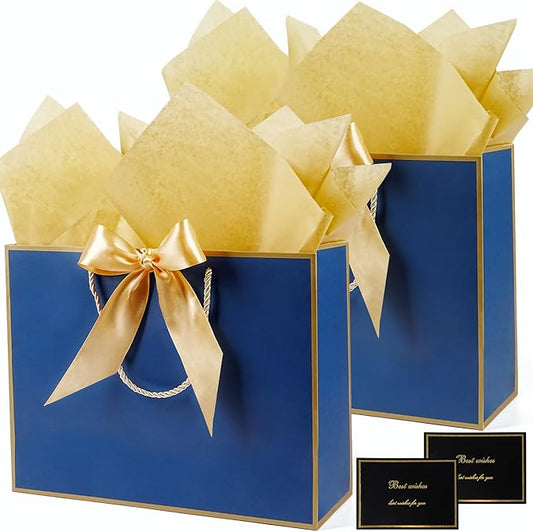 Navy Blue Gift Bags 13 x 10 x 4’’, Large Gift Bag Set with Tissue Paper and Greeting Card, 2 PCS Gift Bags with Handles Bow Ribbon, Paper Present Bags for Women Men Birthday Party Father's Day Wedding
