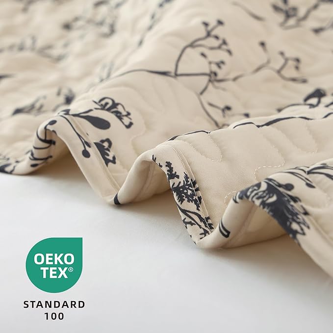 JANZAA Quilts Queen Size Beige Quilt Botanical with Floral Pattern Microfiber Bedspreads Queen Size 3 Pieces Lightweight Comforter Reversible Bedding Set, 1 Quilt 90x90 inches, 2 Pillowcases
