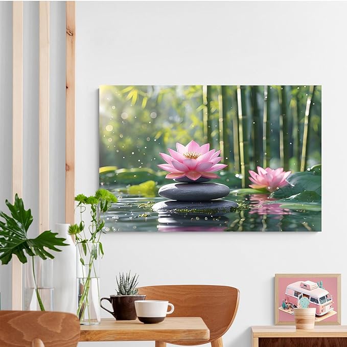 Ethereal pink lotus on obsidian Sunlit bamboo forest with sparkling water drops Poetic nature inspired wall art for tranquil homes and mindful spaces 32x48in Frameless