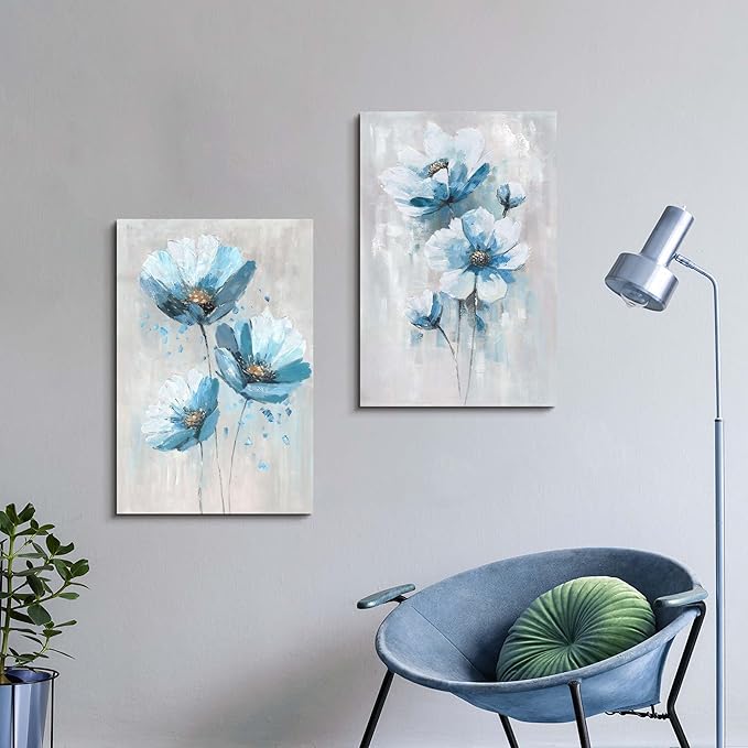 Flower Picture Canvas Wall Art: 2 Pieces Teal Floral Abstract Prints Artwork Vintage Turquoise Bouquet Botanical Painting for Bedroom Living Room Bathroom Home Office