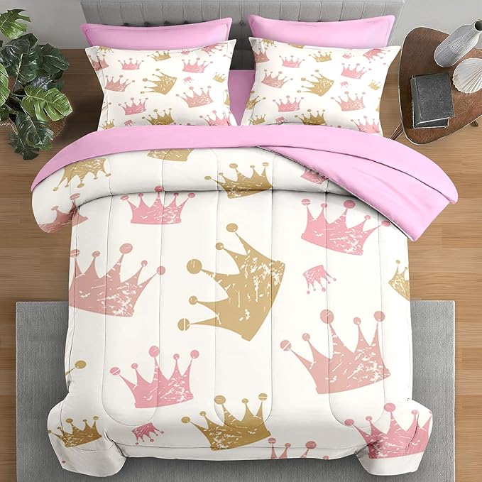 Comforter Set Twin Size, Cute Kids Crown 5 Pcs Bedding for Kids and Adults, Pink Princess Girls Bed Sheet Sets with Fitted Sheet Pillowcase & Sham for Bedroom Bed Decor