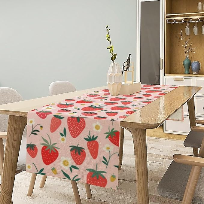 Strawberry Table Runner, Spring Summer Fruit Birthday Party Decoration Dining Room Home Kitchen Table Decor 13 x 108Inch