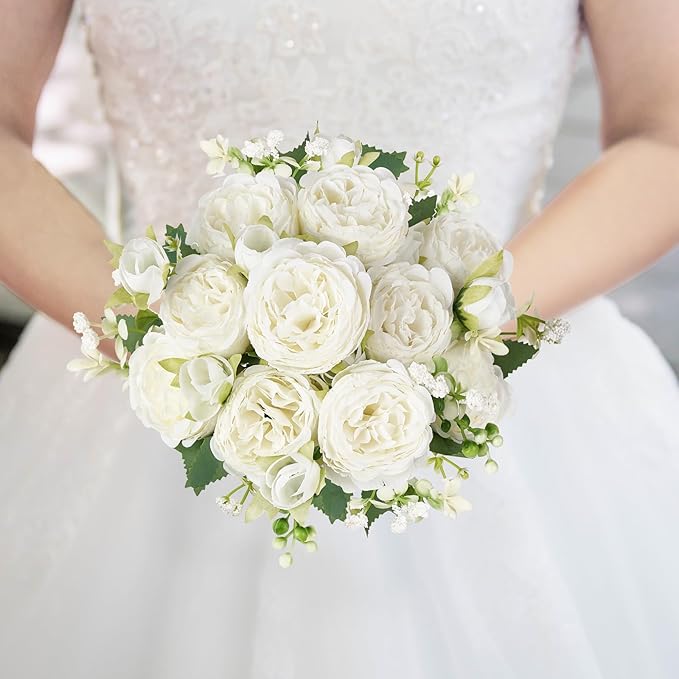 Mkono Peonies Artificial Flowers, Small Silk Flowers for Home Decor Indoor Fake Bouquet Faux Floral Arrangements Dining Table Centerpieces for Kitchen Bridal Wedding Party Decor White