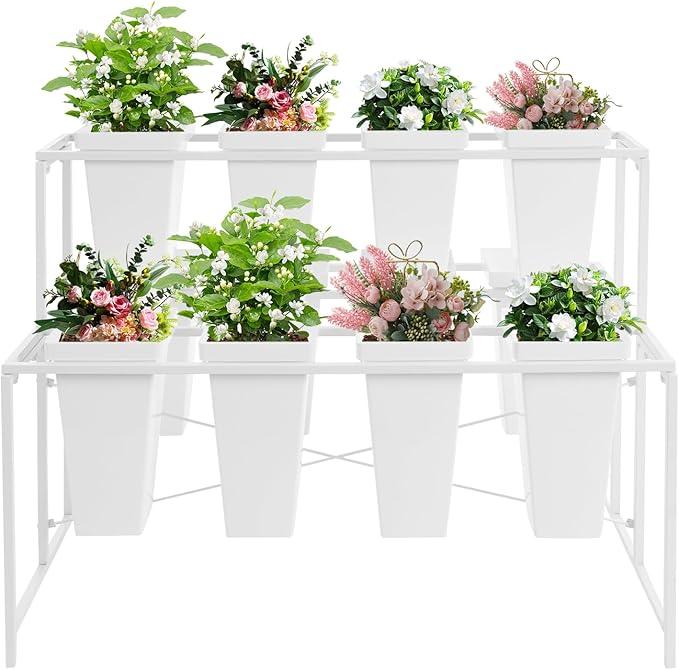 Flower Display Stand with 12 Pcs Buckets 3 Layers Metal Plant Stand Plant Cart Shelf Flower Bucket Rack Stand for Indoor Florist Garden Patio (White Stand-White Square Buckets)