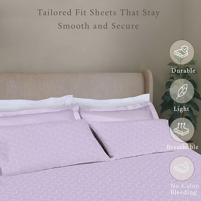 Threadmill Cotton Twin Sheet Set | 500TC 100% Cotton Sheets for Twin Size Bed | Damask Jacquard Sateen Twin Bed Sheets Set with 15” Deep Pocket | Soft Breathable 3-Piece Cooling Sheet Set | Lilac