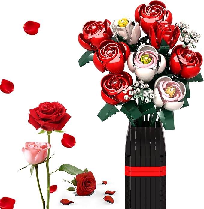 Roses Flower Bouquet Building Kit, Artificial Roses Flower Bouquet Building Set with Vase, DIY Artificial Flower Bouquet Set for Home Office Decoratin, Valentine Christmas