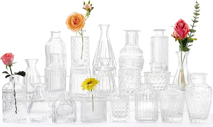 Glass Bud Vases -Set of 20 for Flowers, Small Clear Bud Vases in Bulk for Centerpieces Home Decor, Mini Glass Assorted for Rustic Wedding Floral Arrangements Home Table Decorations