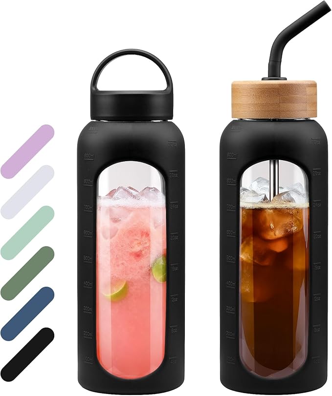 32 oz Glass Water Bottle, 1 Liter Glass Tumbler with Straw, Reusable Drinking Bottles with 2 Lids-Handle Lid&Bamboo Straw Lid, Silicone Sleeve, for Sports, Home,1 Pack-Black