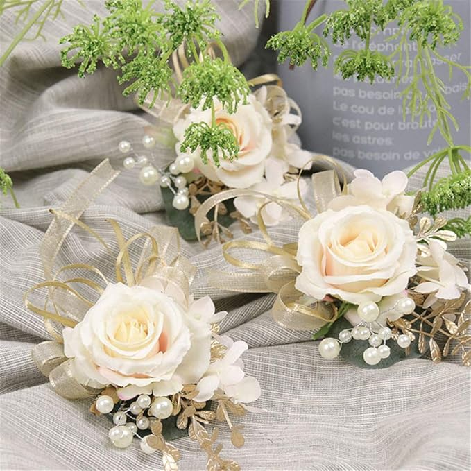 USIX 2pc Pack-Handmade Men's Lapel Pin Champagne Ivory Rose with Gold Leaves Ribbons Artificial Pearls Boutonniere Pin for Suit Wedding Groom Groomsmen Brooch Rose Boutonniere (Boutonniere)
