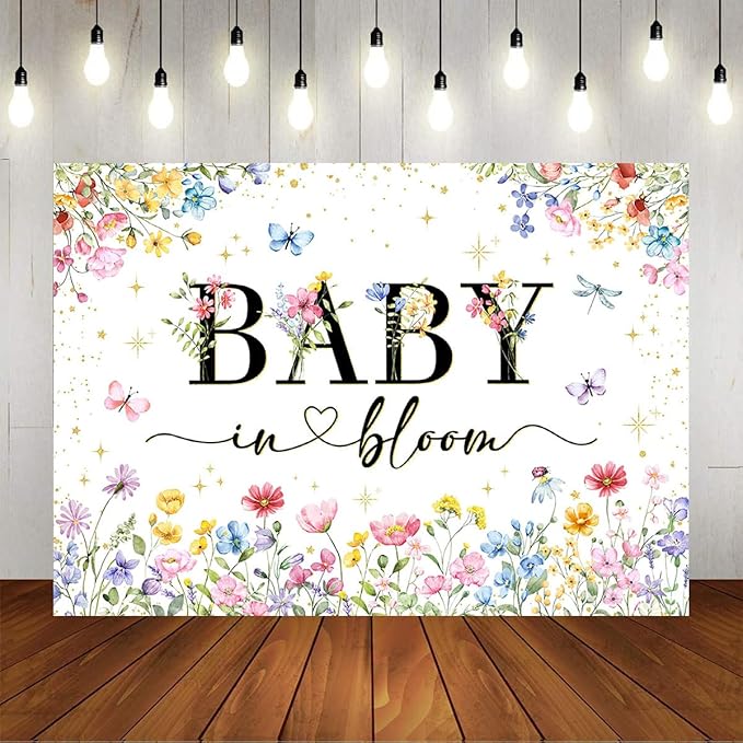 Mocsicka Wildflower Backdrop Baby in Bloom Floral Baby Shower Decorations Girls Butterfly Golden Dot A Little Wildflower is On The Way Decorations for Baby Shower Background Banner