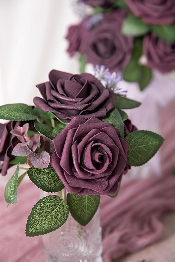 Ling's moment Artificial Flowers 25Pcs Mauve Plum Roses Decor w/Stems,3" Real Touch DIY Foam Floral for Wedding Bouquet/Centerpieces, Outdoors Party Backdrop, Room/Table, and Garden/Pot Decorations