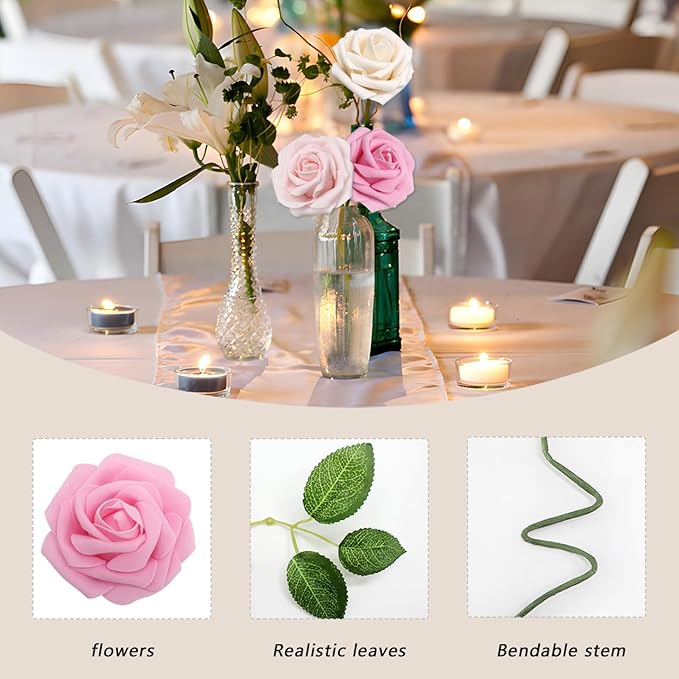 Artificial Flowers Pink Roses Real Looking Foam Fake Roses with Leaves and for DIY Wedding Bouquets Bridal Shower Centerpieces Party Decorations (Pink Series, 100)