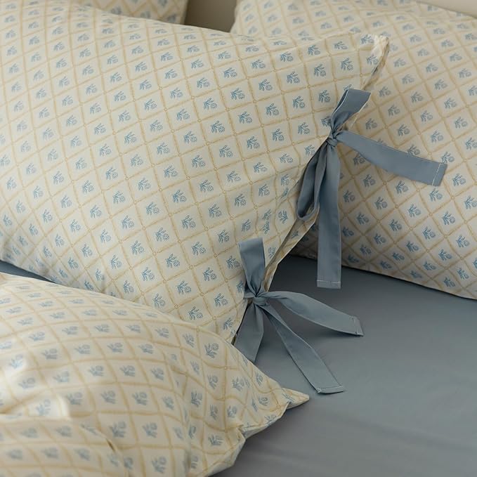 LifeTB Blue Floral Comforter Set Twin XL Cute Flower Comforter Set Cottagecore Botanical Bedding Comforter Twin XL for Teens Girls Aesthetic White Blue Grid Comforter with 2 Bow Ties Pillowcases