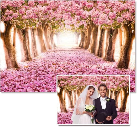 AOFOTO 8x6ft Spring Cherry Blossom Backdrop Sweet Pink Flowers Tree Floral Petal Boulevard Photography Background Wedding Tea Party Decoration Girl Bride Woman Lady Portrait Photo Studio Props Vinyl