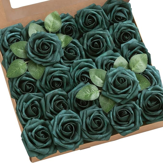 Ling’s Moment Artificial Flowers 50Pcs Peacock Green Roses Decor w/Stems,3" Real Touch DIY Foam Floral for Wedding Bouquet/Centerpieces, Outdoors Party Backdrop, Room/Table, and Garden/Pot Decorations