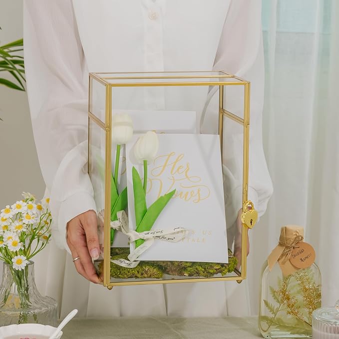 NCYP Small Glass Cards Box with Slot and Lock for Wedding, 8" x 5.5" x 11.3" - Home Birthdays Party Tabletop Decor, Gold, Clear Envelopes Terrarium (Card Box Only)