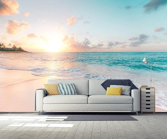 Sunset Wall Murals Romantic Beach Photo Mural Wallpaper Wall Decor Print for Living Room Bedroom Dining Room（Not Peel and Stick）