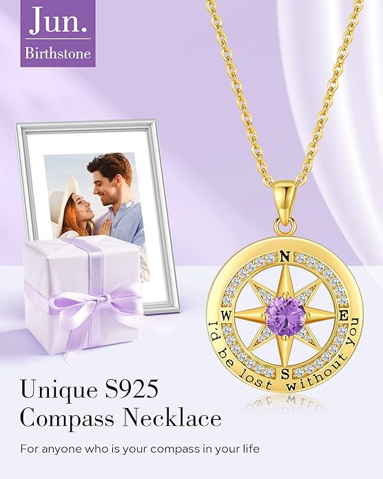 S925 Necklace Gift for Wife |Compass Jewelry |Women Anniversary |Sterling Silver |Girlfriend Birthday Gifts for Her Valentines |I'd be Lost without You |Jewel 18K Gold