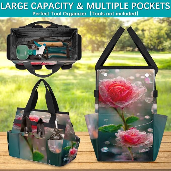 Floral Flower Garden Tool Tote Bag for Women Men Gardening Tool Storage Bags with 10 Pockets Standable Garden Home Tool Kits Organizer for Indoor Outdoor Gardening Gifts